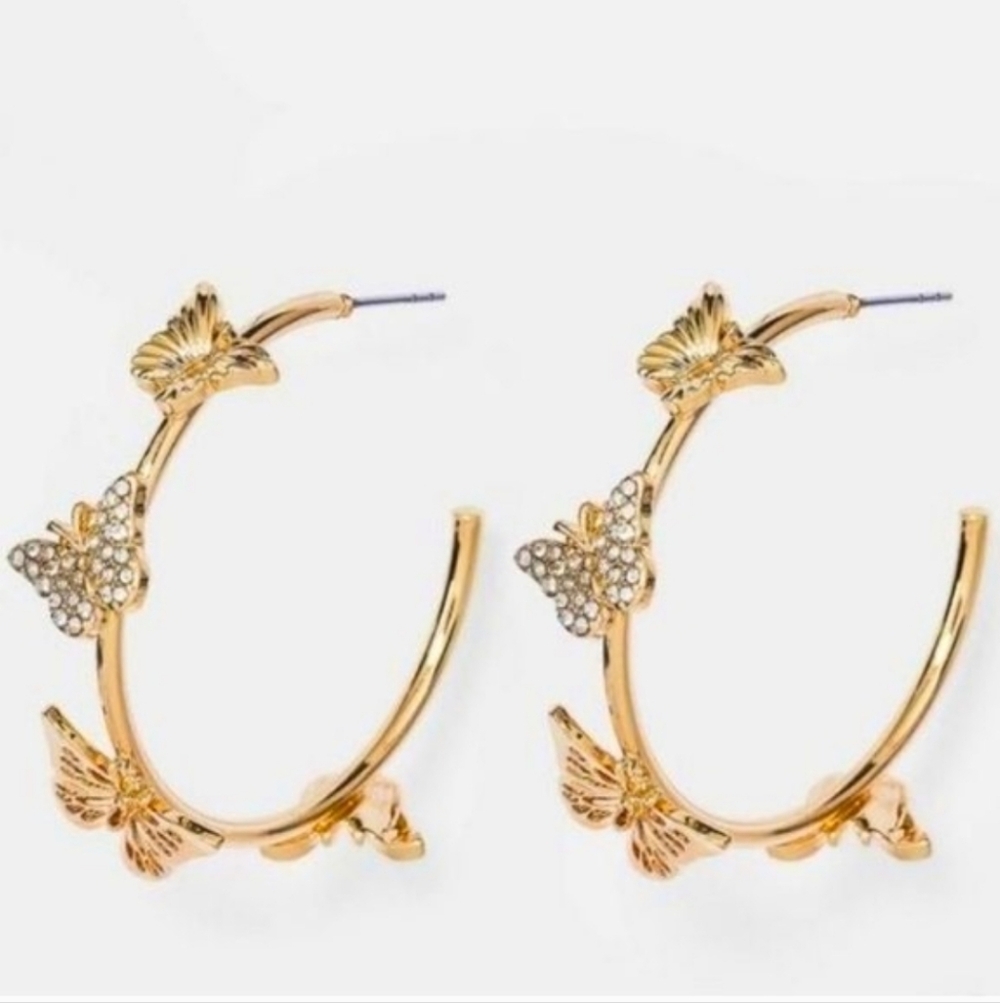 Baublebar By Sugarfix Butterfly Gold Tone With Rhinestones Hoops
